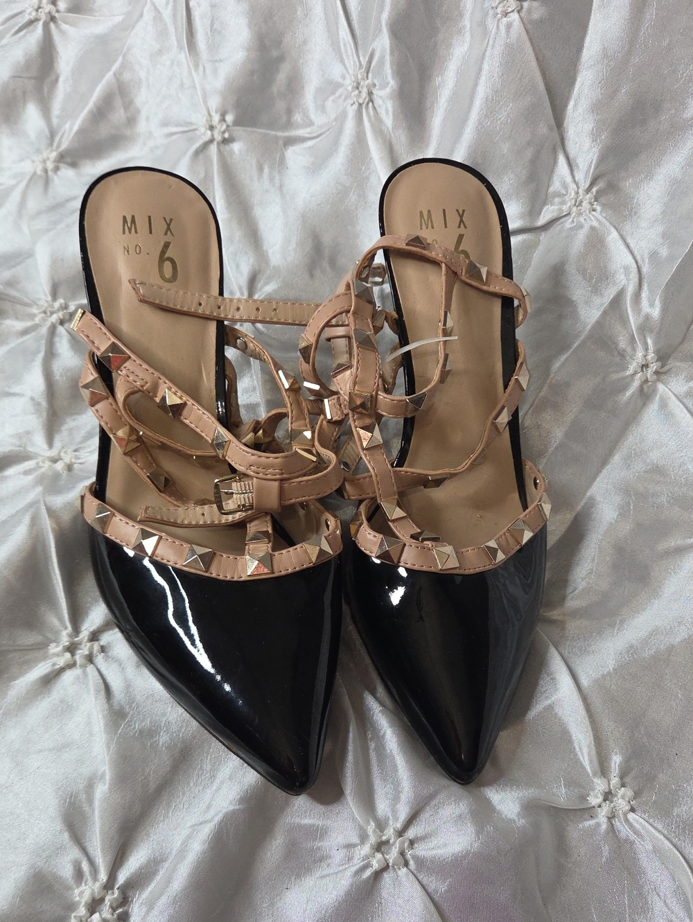 Mix No. 6 Black Patent Pointed Mules with Nude Studded Straps